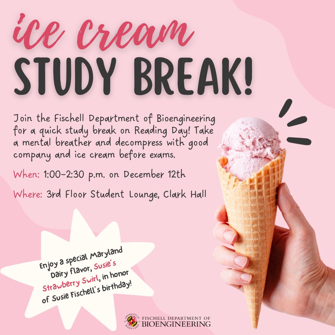 Find us on Reading Day on the 3rd Floor of Clark Hall for a study break! Decompress with friends and peers, and enjoy a specialty Maryland Dairy ice cream flavor. 🍦
