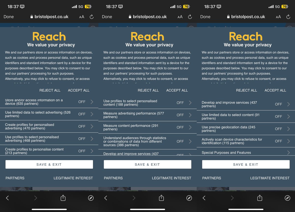 MarcSettle's tweet photo. If you accidentally tap “save and exit” on this Reach website, you’re agreeing to have more than 4,500 cookies and trackers installed on your device.
FOUR THOUSAND FIVE HUNDRED.
But it’s good to know that they value my privacy. https://t.co/sy7jx10ttr