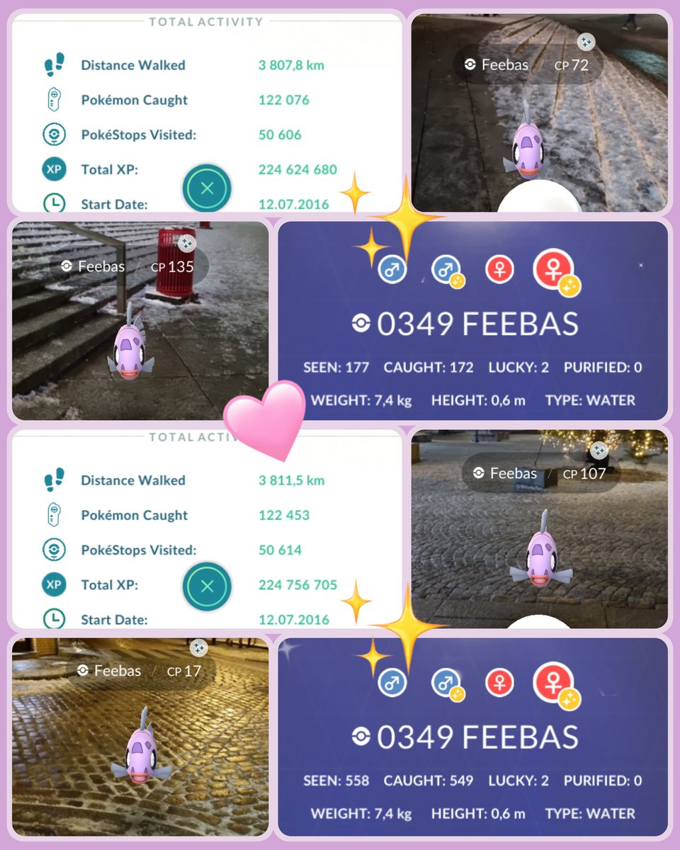 LeneKnPoGO's tweet image. 🐟 Feebas Spotlight Hour: 

• 🎣: 377
• ⬆️: 132.025
• ✨️: 4! 🩷
• 💯 : ❌️
• 0️⃣ : ❌️
•🚶‍♀️: 4~km

Cold &amp;amp; really slippery today! ❄️ Felt like I was gonna slip &amp;amp; fall constantly 😅 Other than that I'm happy with the 4 shinies! ✨️
 
#PokemonGOApp #SpotlightHour #Feebas