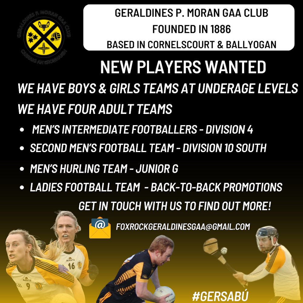 gersgaa's tweet photo. Come and join our club 💛🖤

Have you recently moved in to the area? Or maybe you played for the club in the past and want to get the boots back on?

All new players are welcome in the Gers!

We have 4 Adult teams, covering Football, Hurling &amp; Ladies Football. 

#GersAbú💛🖤 https://t.co/nsYAqukJJk