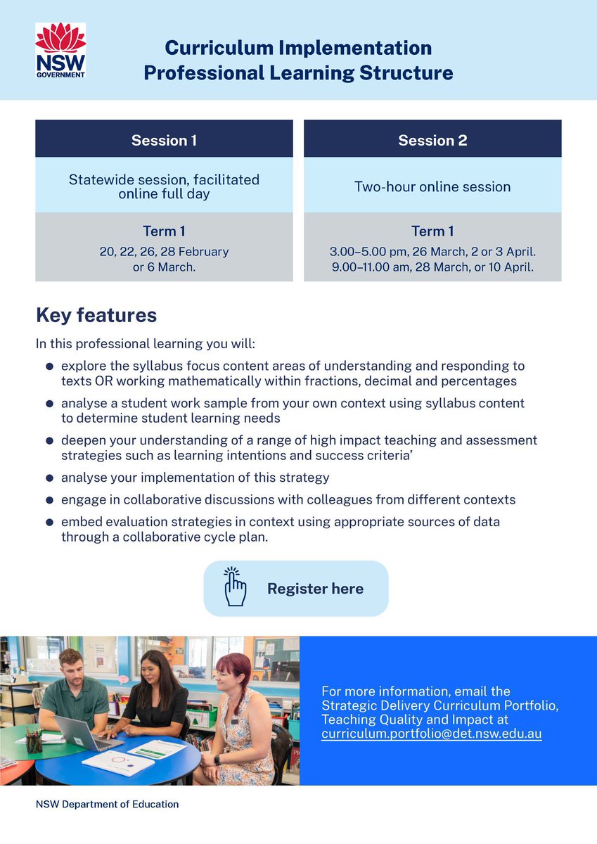 Register now to attend 7-10 Curriculum Implementation Professional Learning in Term 1, 2024. Opportunity to engage with the new 7–10 English &amp; mathematics syllabuses to support high impact teaching &amp; assessment strategies using an evaluative inquiry cycle. apps.powerapps.com/play/e/4d134d8…