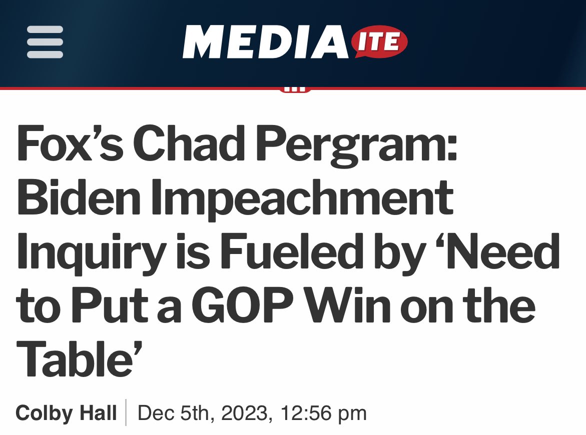 The Constitution: Impeachment is for high crimes and misdemeanors, bribery, and treason, reserved as a severe punishment of last resort Today’s extreme House Republicans: Impeachment is for us to “put a GOP win on the table for the base” per @FoxNews mediaite.com/tv/foxs-chad-p…