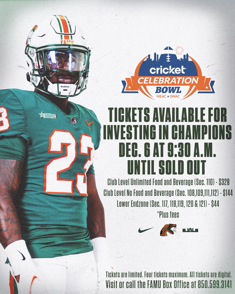 FAMUAthletics's tweet photo. The Celebration Bowl is near and we have limited tickets available for our Investing in Champions. 

They'll be available in person at the Box Office or by phone. There’s a maximum of 4 tickets, and all tickets are digital.

They'll be available Dec.6 at 9:30 a.m. until sold out. https://t.co/1NOXCXYYpO