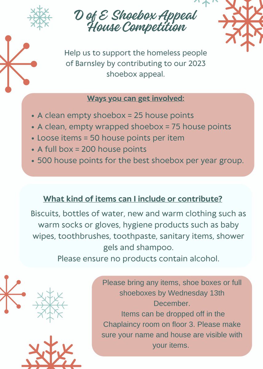 Our amazing D of E students are organising and running our 2023 shoebox appeal to help support homeless people in Barnsley. We thank you in advance for any support.