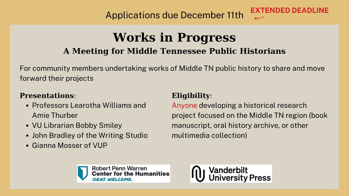 Deadline extended! Applications open to anyone conducting a research project on Middle TN. Support + presentations from historians and professionals + access to VU's extensive libraries for 90 days Apply now & share with colleagues and friends! as.vanderbilt.edu/robert-penn-wa…