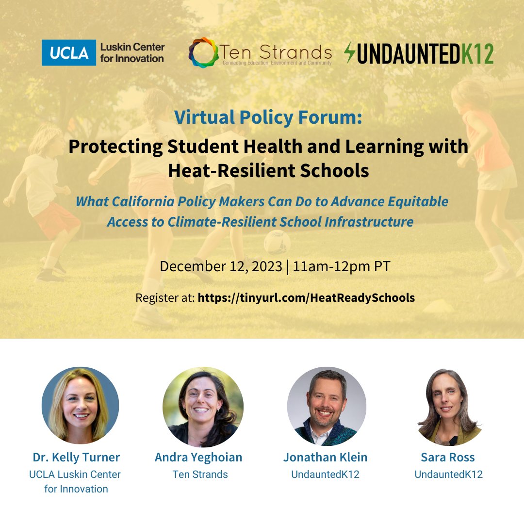 Come to our policy forum for heat-resilient schools with @UCLALuskin & @TenStrands next Tuesday 🙌  

Come learn about the impacts of extreme heat on students, strategies for heat-resilient schools, & ideas for policy opportunities. 

Register today! ⬇️ 
tinyurl.com/HeatReadySchoo…