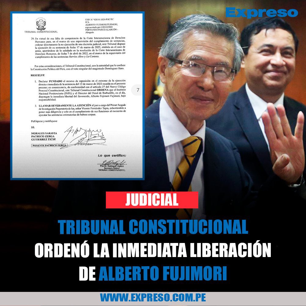 Taniaramirezga2's tweet photo. #FujimoriLibertad. 
En una decisión histórica, autónoma, soberana, objetiva y valiente el @TC_Peru le dice NO! a la @CorteIDH y ordena liberar a nuestro presidente @albertofujimori. Esta decisión marca un hito, un antes y un después en la justicia peruana. El #TC defiende los #DDHH y acaba con el reinado y el abuso de los caviares y su filoterrorista #CIDH. Invocamos a la Sra. Dina Boluarte y @AlbertoOtarolaP a cumplir la orden del #TC y ordenen al @INPEgob, a través del Ministerio de Justicia, liberar inmediatamente al mejor presidente del Perú Alberto Fujimori.