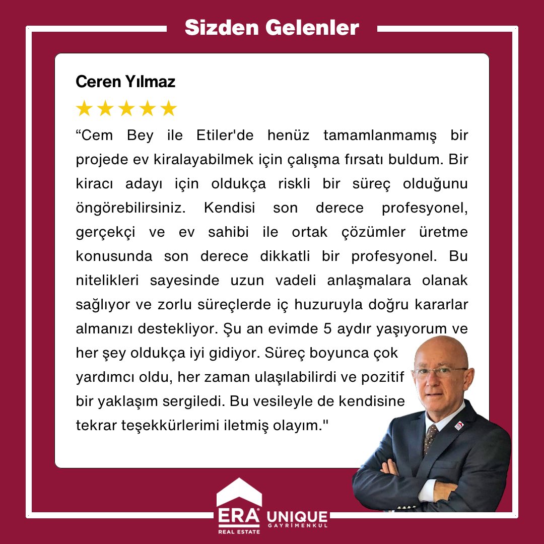 Sektöre başladığım ilk günden beri vazgeçilmez önceliğim her zaman müşteri memnuniyeti olmuştur.
Benimle çalışmayı tercih eden tüm değerli müşterilerime ve dostlarıma ilgi ve güvenleri için bir kez daha teşekkür ederim.