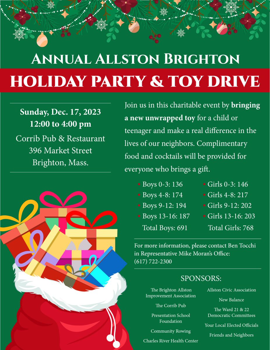 Please join us on Sunday, December 17th from 12pm-4pm at the Corrib Pub &amp; Restaurant for the Annual Allston Brighton Toy Drive!!