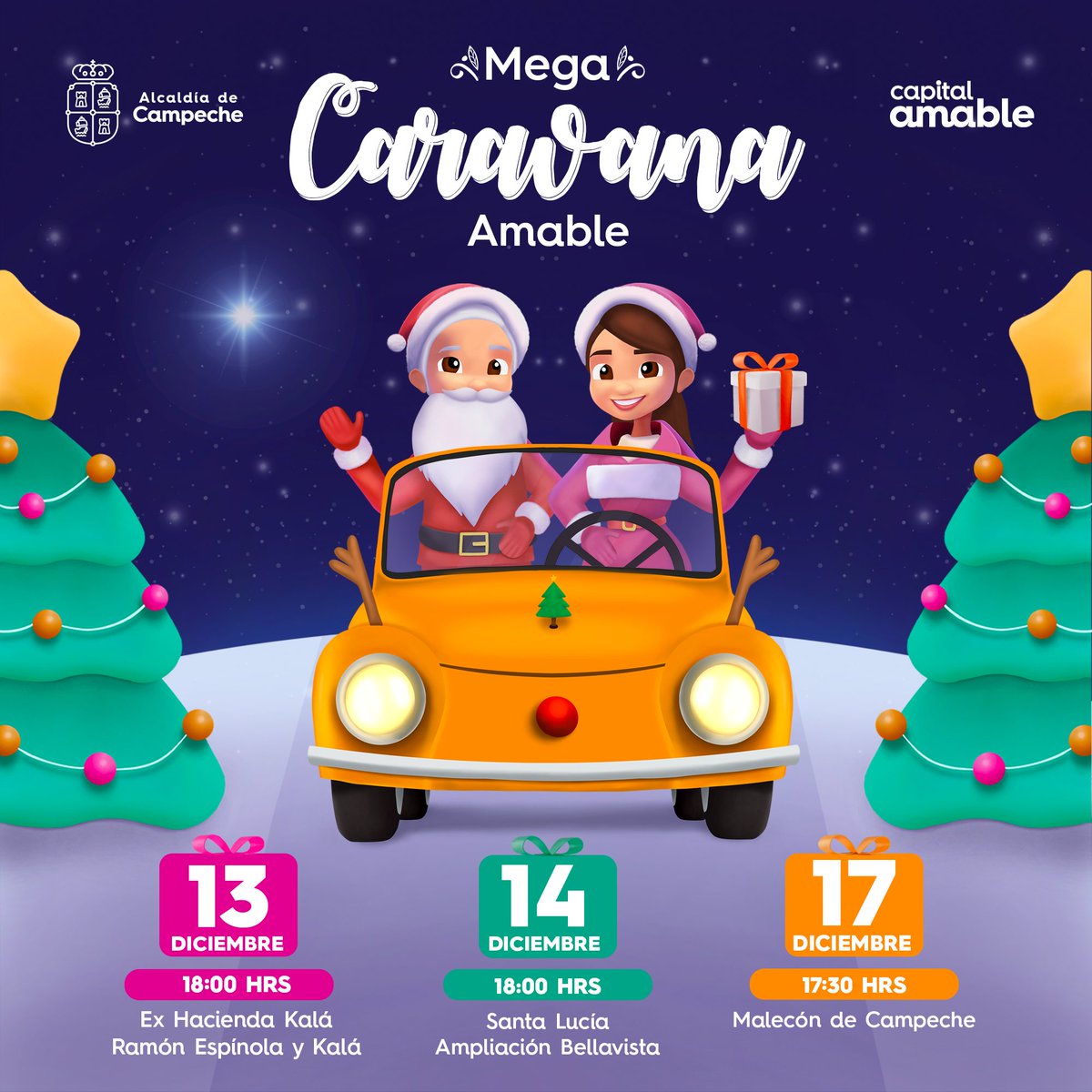 ✨ 𝗠𝗲𝗴𝗮 𝗖𝗮𝗿𝗮𝘃𝗮𝗻𝗮 𝗔𝗺𝗮𝗯𝗹𝗲 ✨ Llevaremos la magia de la Navidad a las niñas y niños el 13, 14 y 17 de diciembre. 🎄🎅🏼 Sigue pendiente de nuestras redes para conocer las rutas exactas en próximos días. 🤗 🎊 Felices Fiestas en nuestra #CapitalAmable 🧡