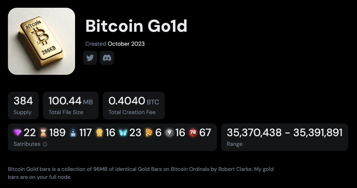 Did you know that someone inscribed an Ordinals collection of 256 KB images of gold bars? It's the 6th largest collection on Bitcoin by file size coming in at 100 MB and would cost $2.4M to inscribe if done today! → ord.io/collection/bit…