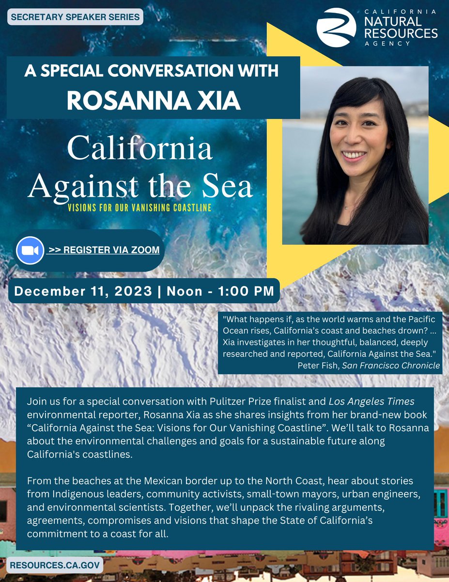 Save the date! 🗓️With @RosannaXia, let's dive into the environmental challenges & sustainable goals along California's breathtaking coastline.🌊Don't miss this unique opportunity to gain insights & be part of the solution! 🤝Register: ca-water-gov.zoom.us/webinar/regist…