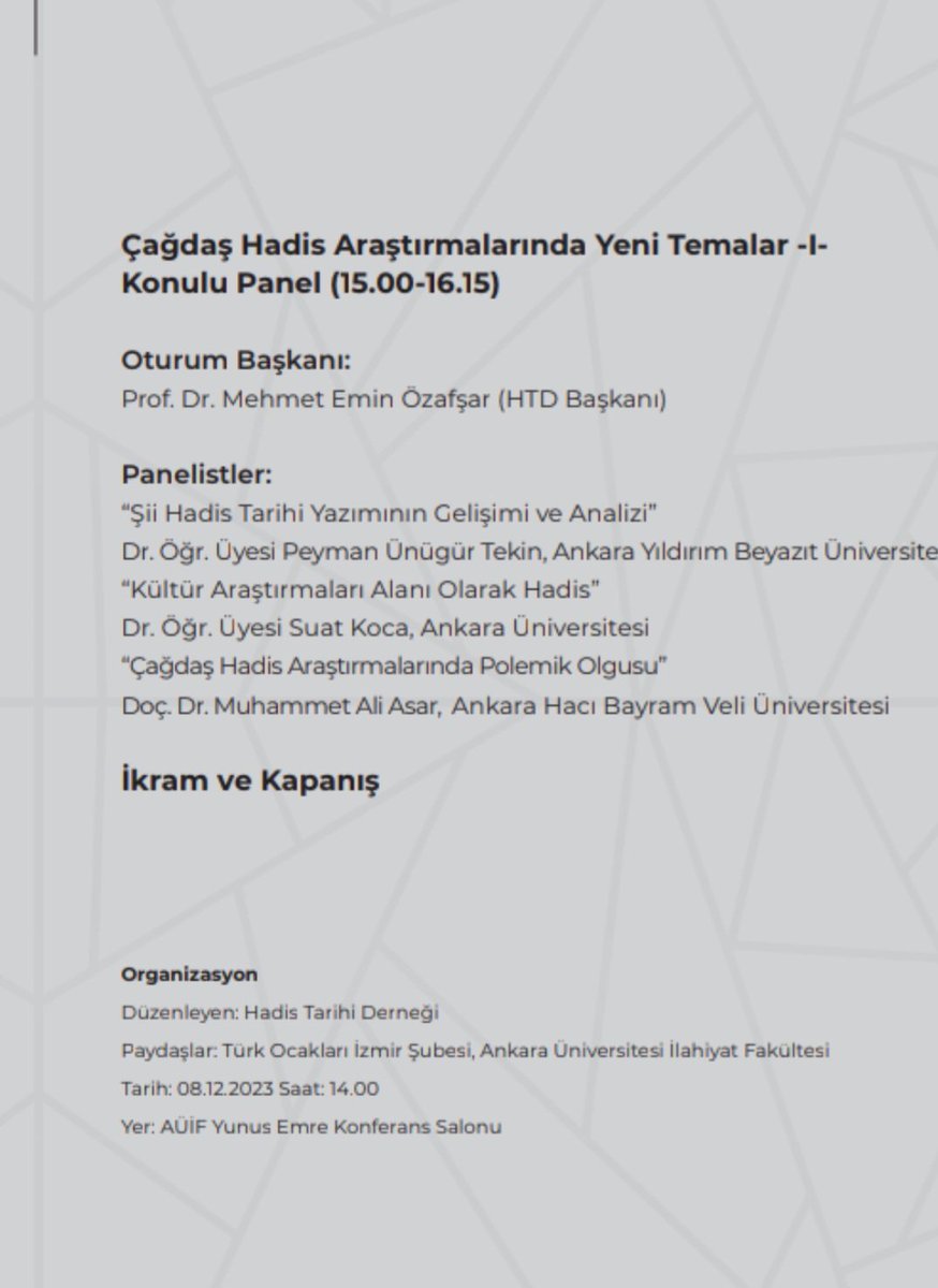 Yarışmanın ödül takdim töreni ve program bu yıl Ankara Üniversitesi İlahiyat Fakültesi'nin ev sahipliğinde İzmir Türk Ocağı ve Hadis Tarihi Derneği ile birlikte yapılacaktır. Saygılarımızla arz ederiz.