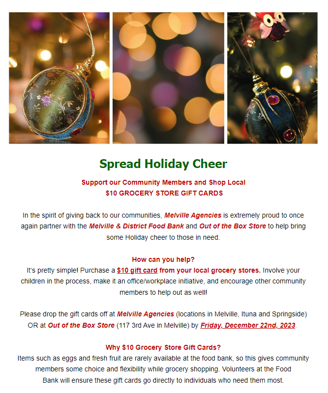 MA1974LTD's tweet photo. It's time to spread holiday cheer! Purchase a $10 gift card from your local grocery stores and drop it off at any @MA1974LTD location or Out of the Box Store by Fri, Dec 22. Click pic for full details. #MelvilleAndDistrictFoodBank #GiveWhereYouLive #OurMelville https://t.co/INfsg94zZp