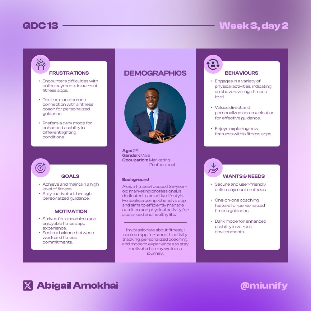 PurpleAbbie_'s tweet photo. Design challenge, day 2 of week 3 hosted by @miunify is brought to you by yours truly π
Still on UX research, here's a User persona drafted out for the HealthMate+ app. This was drafted out based on research and interviews.
#miunify #miunifygdc #miunifygdc13 #gdc13UIUX #GDC13 https://t.co/AmHSjbdMWR