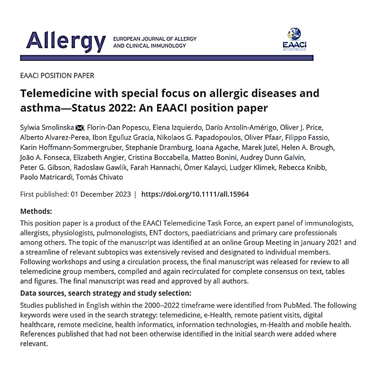 📢Telemedicine w/special focus on #allergic diseases & asthma #EAACIPositionPaper [Smolinska et al @AllergyEaaci 2023] @DarioAntolin @OliverJPrice @alvarezperea @ngpdoc @OPfaar @SDramburg @broughallergy @elizabethangier @rebeccaknibb81 @EaaciKH @EAACI_HQ onlinelibrary.wiley.com/doi/10.1111/al…