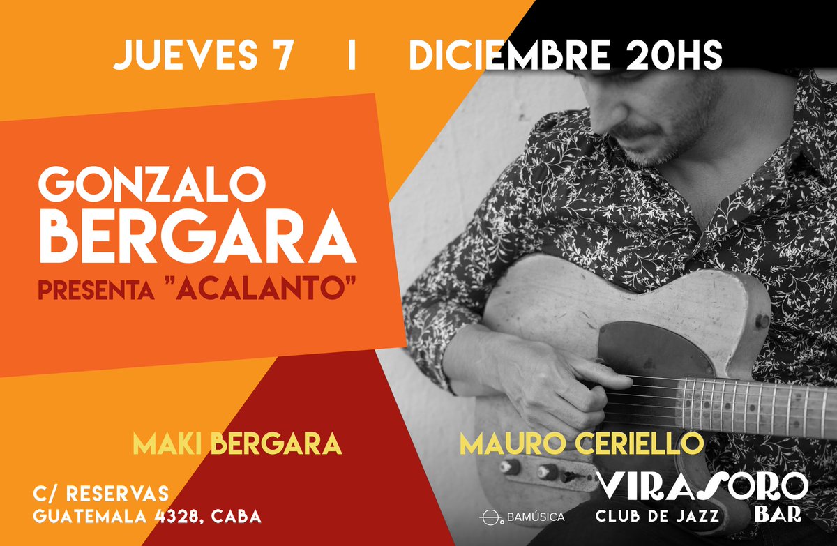 👉FUNCIÓN
Puerta 19:30 hs – Show 20hs

📅 Jueves 7 de diciembre
▪️GONZALO BERGARA▪️ Presenta "ACALANTO"

🎫Entrada $5000
📲Reservas de localidades: 11 3577 6807 (WhatsApp)
💺Las ubicaciones son por orden de llegada.
🍷Consumición mínima