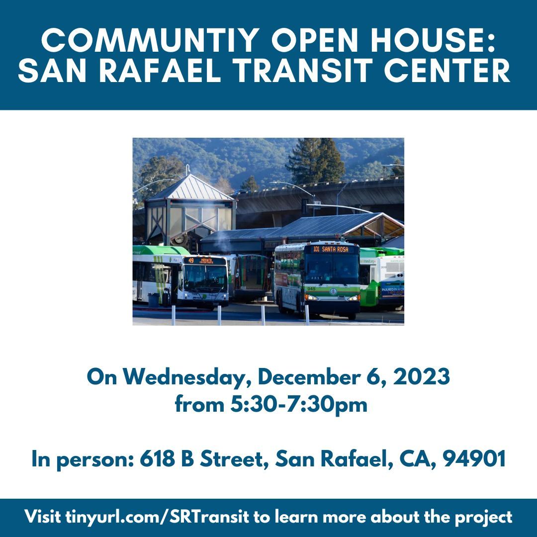 CityofSanRafael's tweet image. 📢 Join us on Wednesday, December 6, 2023, from 5:30-7:30pm at the San Rafael Community Center for an in-person discussion on the San Rafael Transit Center Replacement Project by Golden Gate Transit. Spanish interpretation is available. #SanRafael #GoldenGateTransit