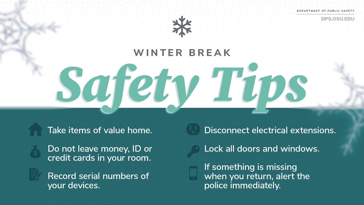 OSU Police (@osupolice) on Twitter photo The Ohio State University Department of Public Safety was highlighted by <a href="/TheLantern/">The Lantern</a> for their tips for students to safely secure their homes before traveling for the holidays.
🔗 : bit.ly/3GskzQk The Ohio State University Department of Public Safety was highlighted by <a href="/TheLantern/">The Lantern</a> for their tips for students to safely secure their homes before traveling for the holidays.
🔗 : bit.ly/3GskzQk