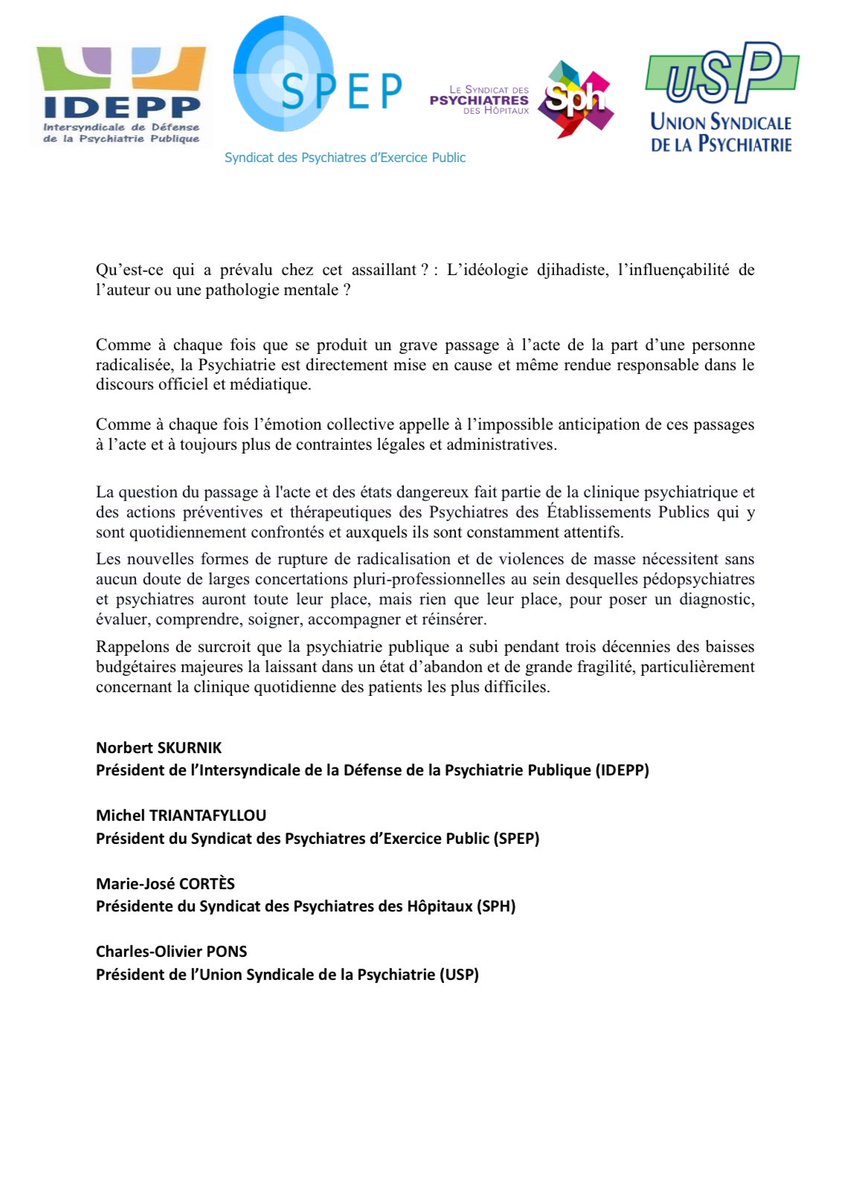 Maladie mentale et actes terroristes : la tentation des amalgames ? ➡️ le communiqué commun des syndicats de psychiatres IDEPP, SPEP, SPH et USP