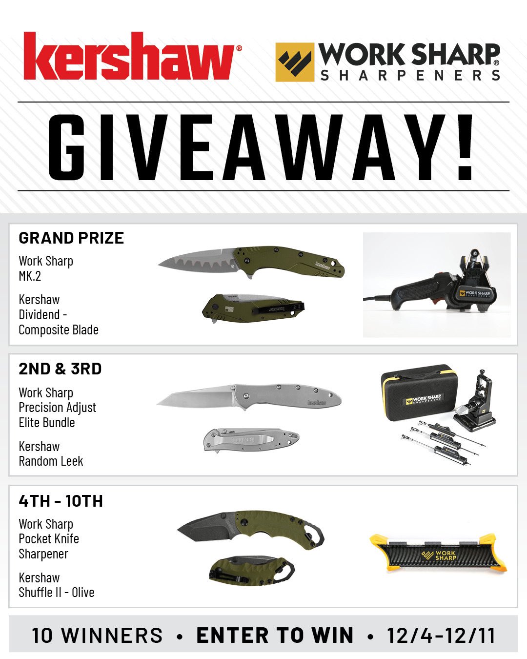 Kershaw Knives on X: 🔪 Enter the sharp giveaway:   10 winners will win a Kershaw knife and a matching @WorkSharpTools sharpener.  We're giving away multiple prizes, all quality tools, and all