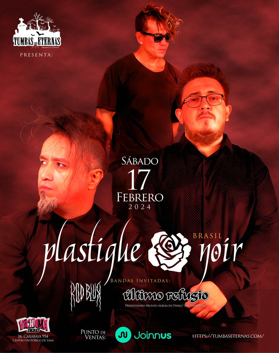 Tumbas Eternas se complace en presentar por segunda vez y única presentación desde Fortaleza/CE/Brasil. Plastique Noir banda de estilo Post Punk / Dark Wave / Gothic.
Sábado 17 Febrero
Vichama Conciertos : Jr. Carabaya 954, Centro de Lima

bit.ly/PlastiqueNoir-…