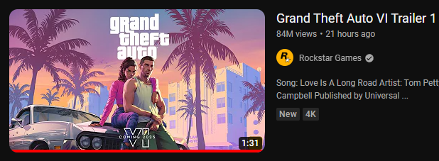 o trailer do GTA 5 tem 99 milhões de views depois de 12 anos e o do GTA 6 tá com quase 90 milhões em menos de 24 horas kkkkkk uiui ta famoso ein migoo ;)