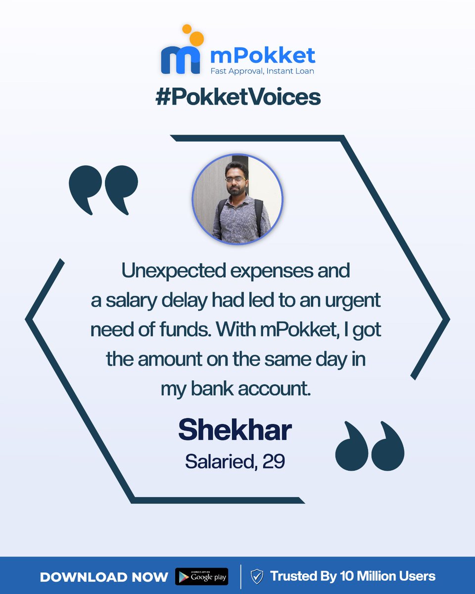 mPokketOfficial's tweet photo. This week’s #PokketVoices 📣 features Shekhar who amidst delayed month-end salaries and unexpected expenses, managed his finances easily with mPokket🤘
#InstantLoan #CustomersTestimonial #Testimonial #HappyCustomer #SatisfiedCustomer #InstantMoney #InstantCash #mPokket #Fintech https://t.co/eOlq6r1FpU