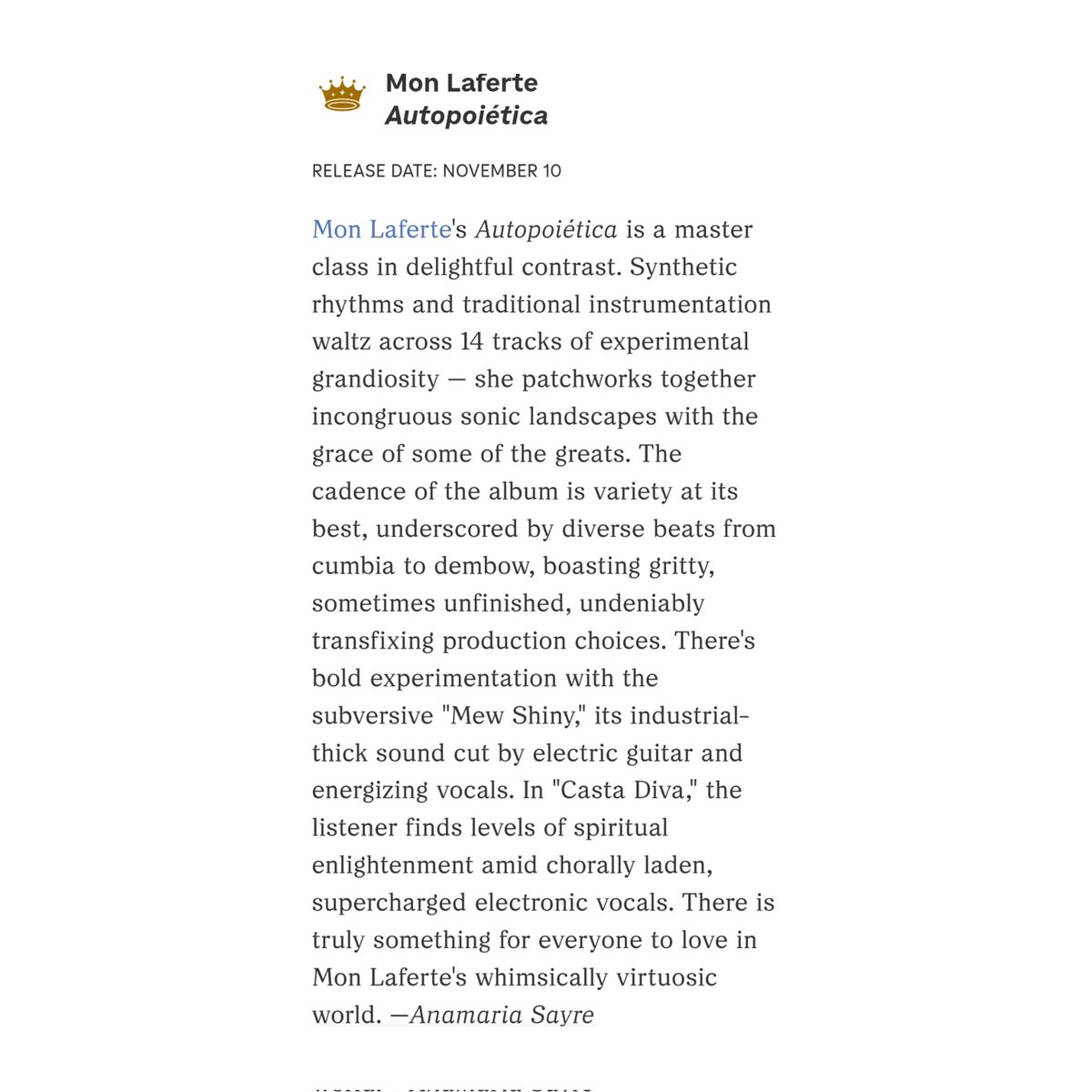 LaferteCharts's tweet photo. “Autopoiética” de @monlaferte fue nombrado por @NPR como uno de los mejores álbumes de 2023. https://t.co/Nce7ZzYoac