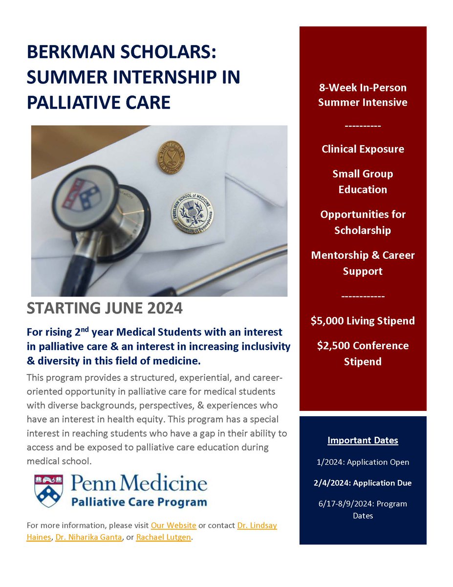 Details 
⌛️ 8-week internship 
🌎On-site in Philly 
💵$5,000 living stipend+$2,500 conference stipend
🩺Clinical exposure, small group edu, opportunity for scholarship, &amp; structured mentorship 
🥼For med students from backgrounds underrepresented/historically excluded in medicine