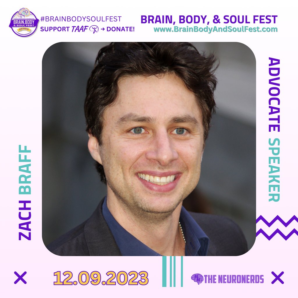 Join us this Sat 12/9 for #BrainBodySoulFest! 🧠💜 Talks, stories & @zachbraff sharing his story with @TAAF. 

Support TAAF in aiding those with brain conditions. 🎶🙌

🔗 Free registration + donate → l8r.it/vZ8F
@spatial_io, @creativeowls.io, @0xpolygon