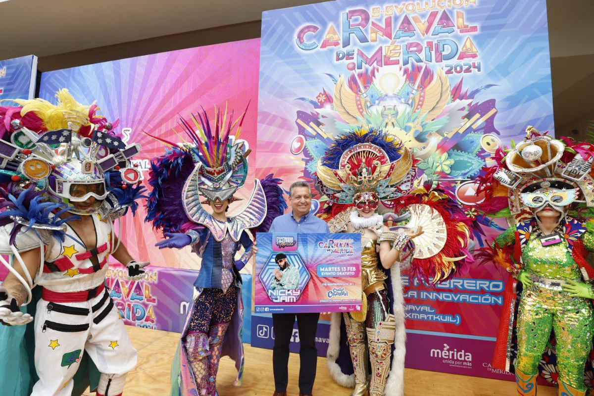 alexruzcastro's tweet photo. ¡Celebremos juntos una década de alegría en #CiudadCarnaval!🎉
Hoy con mucha alegría anunciamos el #CarnavalDeMérida 2024 "Reevolución Carnaval: de la fantasía a la innovación" que festejaremos con artistas de talla internacional como @NickyJamPR, @haashoficial, @MATUTEmx…(1/2) https://t.co/0XloY8mxC3