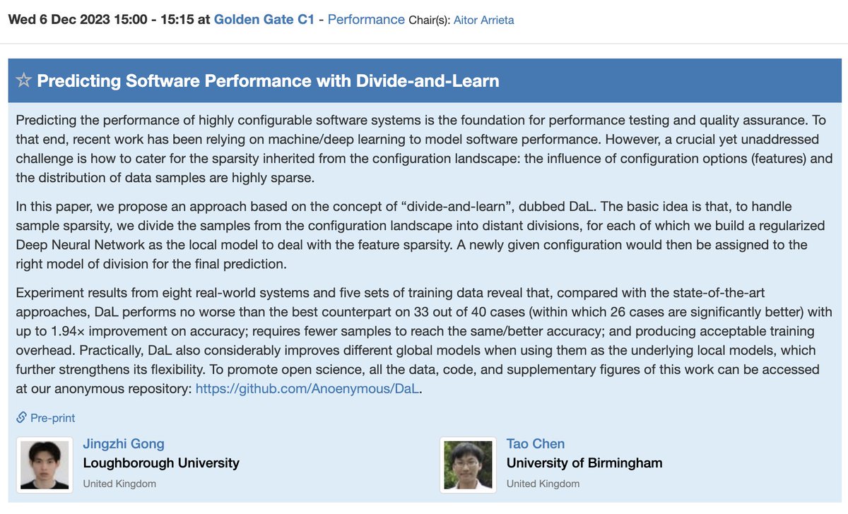 Tomorrow, Wed 6th, 15:00, Jingzhi <a href="/GONGJINGZHI/">Jingzhi Gong</a> will present our work on a new paradigm of advancing configuration performance learning, which can be paired with and potentially improve any existing model <a href="/FSEconf/">FSE 2025</a> . Plz join if you are interested!

Paper: arxiv.org/pdf/2306.06651…