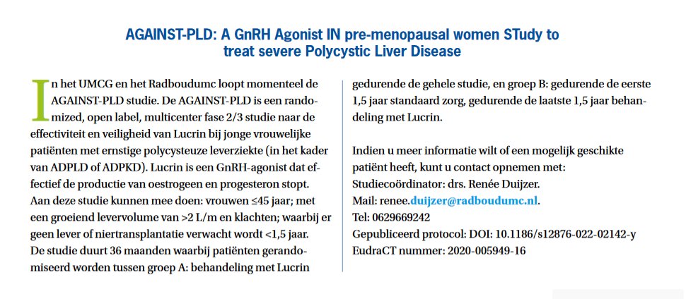✒️@duijzerrenee is spearheading this investigator initiated <a href="/ZonMw/">ZonMw</a> study in #polycystic liver disease
🤓Idea estrogens drive cyst growth
🔙Inhibiting estrogens halt growth 
🇪🇺 European study 

<a href="/josewillemse/">josé willemse</a> <a href="/goKDIGO/">KDIGO</a> <a href="/Tom__gevers/">Tomgevers</a>