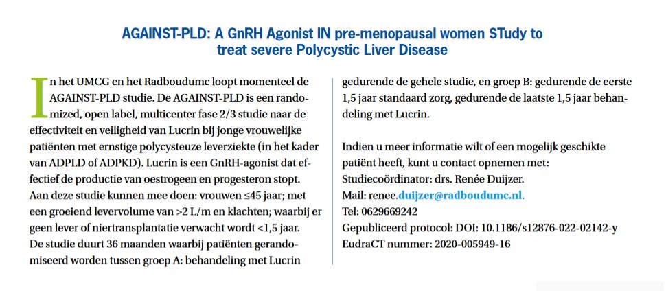 ✒️@duijzerrenee is spearheading this investigator initiated @ZonMw study in #polycystic liver disease 🤓Idea estrogens drive cyst growth 🔙Inhibiting estrogens halt growth 🇪🇺 European study @josewillemse @goKDIGO @Tom__gevers