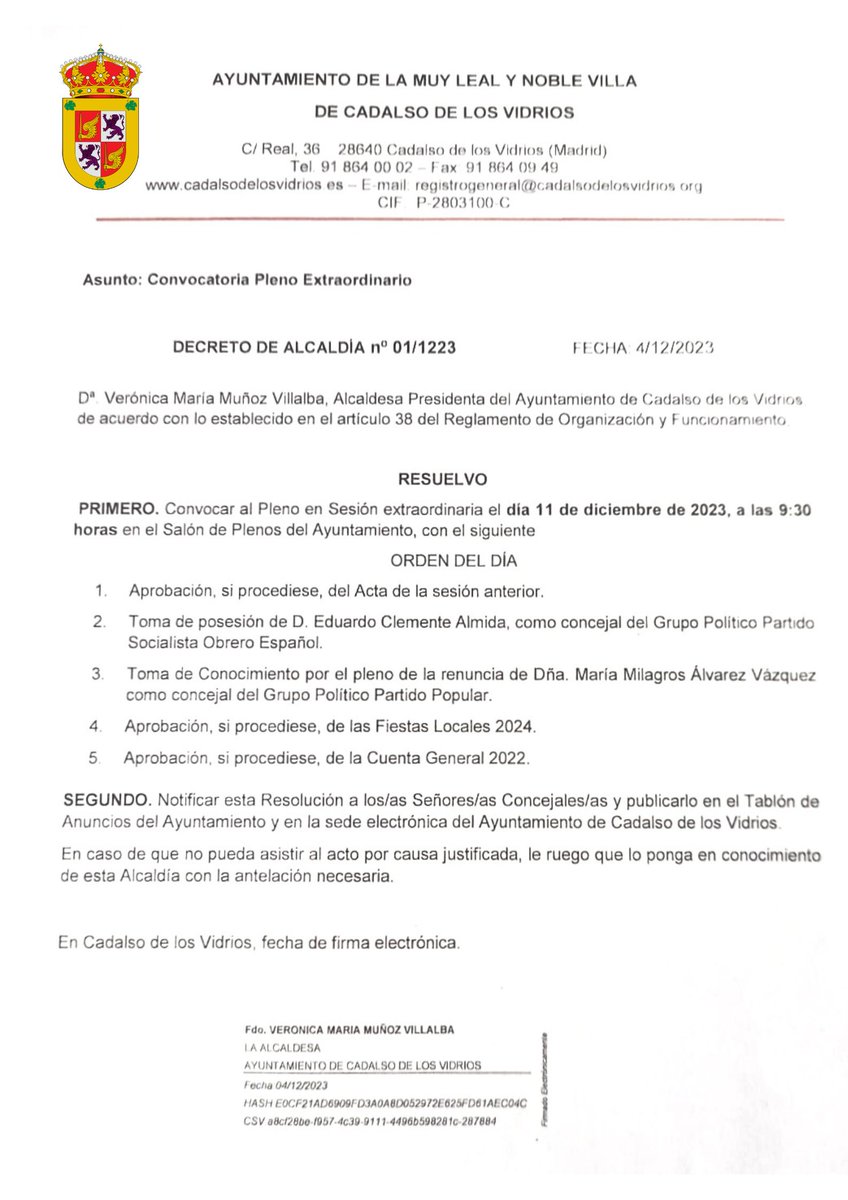 El pleno del Ayuntamiento de Cadalso de los Vidrios ha sido convocado a una sesión extraordinaria que se celebrará el próximo día 11 de diciembre a las 9:30h.

#plenomunicipal #CadalsoDeLosVidrios