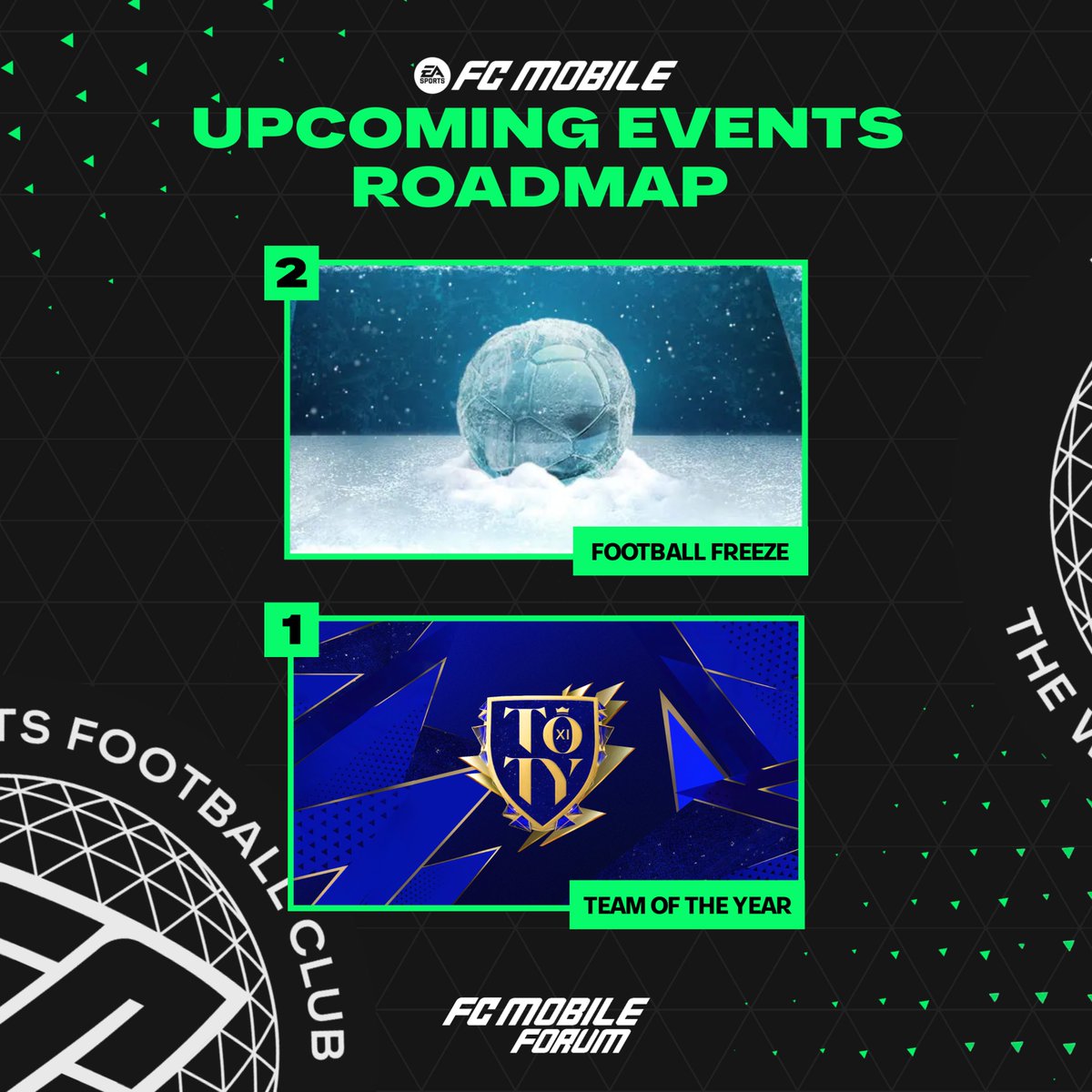 EAFCMobileForum's tweet photo. UPCOMING EVENTS PREDICTION 👀❓

Possible next event - FOOTBALL FREEZE 🥶 (21st November to 18th January 👀❓)

Team of the Year 🌟 (18th January - ❓)

Do you think finally we'll see some joyful events in #FCMobile in the coming days? 🤔 https://t.co/chwuhrXSoc