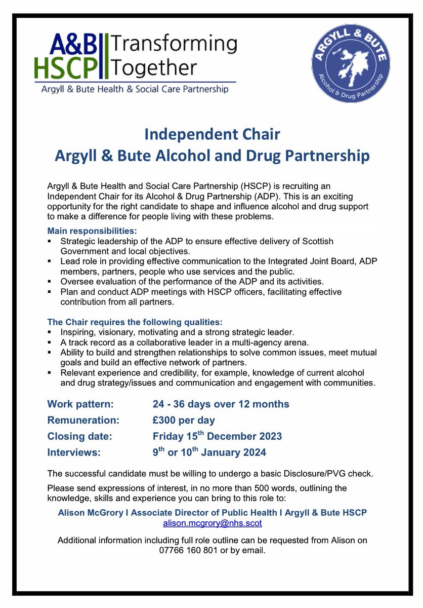 ⭐️ We are hiring! ⭐️ We are looking for a new Chair to lead our Alcohol and Drug Partnership. Come and join our team 🤩 Please share this post 🙂 @abhscp @abhscpco @alisonmcgrory12 @ElenaWhitham @WeAreWithYou @DRNScot @SDFnews @ScotFamADrugs @SRConsortium @Argyll_ButeTSI
