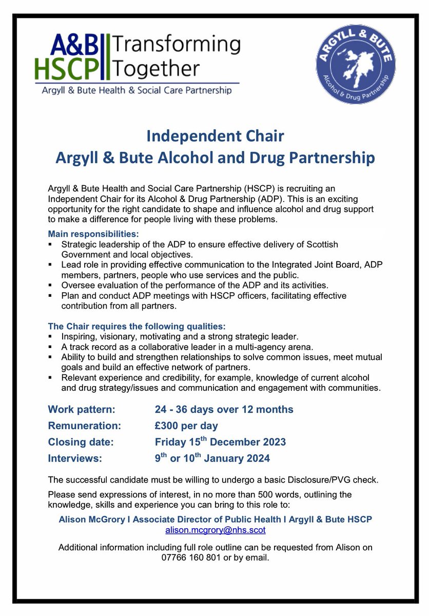 Argyll and Bute ADP (@argylladp) on Twitter photo ⭐️ We are hiring! ⭐️
We are looking for a new Chair to lead our Alcohol and Drug Partnership.
Come and join our team 🤩
Please share this post 🙂
<a href="/abhscp/">Argyll and Bute HSCP</a> <a href="/abhscpco/">Argyll and Bute HSCP Chief Officer</a> <a href="/alisonmcgrory12/">Alison Mcgrory</a> <a href="/ElenaWhitham/">Elena Whitham MSP</a> <a href="/WeAreWithYou/">With You</a> <a href="/DRNScot/">Drugs Research Network Scotland</a> @SDFnews <a href="/ScotFamADrugs/">Scottish Families Affected by Alcohol and Drugs</a> <a href="/SRConsortium/">Scottish Recovery Consortium</a> <a href="/Argyll_ButeTSI/">Argyll&Bute TSI</a> ⭐️ We are hiring! ⭐️
We are looking for a new Chair to lead our Alcohol and Drug Partnership.
Come and join our team 🤩
Please share this post 🙂
<a href="/abhscp/">Argyll and Bute HSCP</a> <a href="/abhscpco/">Argyll and Bute HSCP Chief Officer</a> <a href="/alisonmcgrory12/">Alison Mcgrory</a> <a href="/ElenaWhitham/">Elena Whitham MSP</a> <a href="/WeAreWithYou/">With You</a> <a href="/DRNScot/">Drugs Research Network Scotland</a> @SDFnews <a href="/ScotFamADrugs/">Scottish Families Affected by Alcohol and Drugs</a> <a href="/SRConsortium/">Scottish Recovery Consortium</a> <a href="/Argyll_ButeTSI/">Argyll&Bute TSI</a>