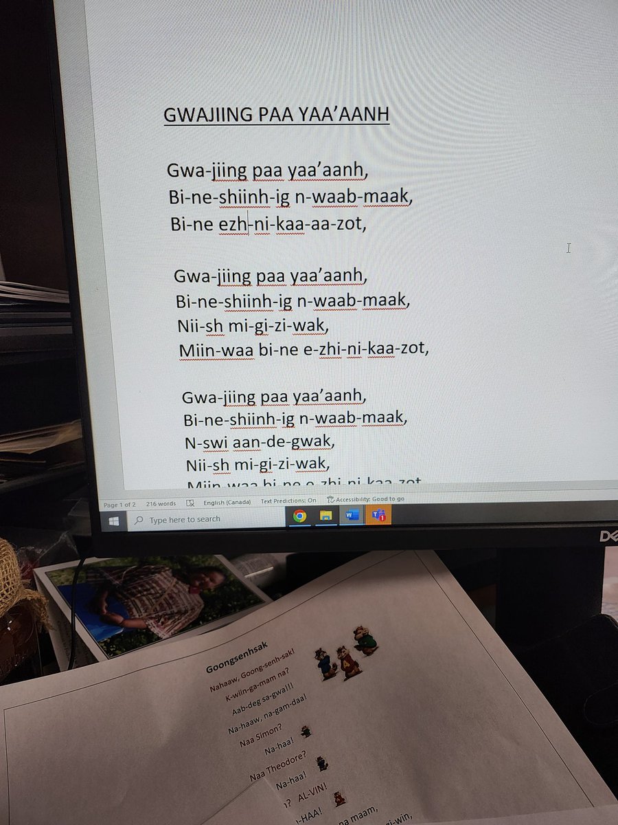 Niibaa - during nighttime 
Namaa - pray
ng - location ending for event
Ngichi ngam/singing lots. I'm writing a song for LBL using birds we see in Wiikwemkoong binoojiinhig. <a href="/SandraPeltier2/">Waasko Nanggookwe/Sandra Peltier</a>  <a href="/WikyBoardEd/">The Wiikwemkoong Board of Education</a>