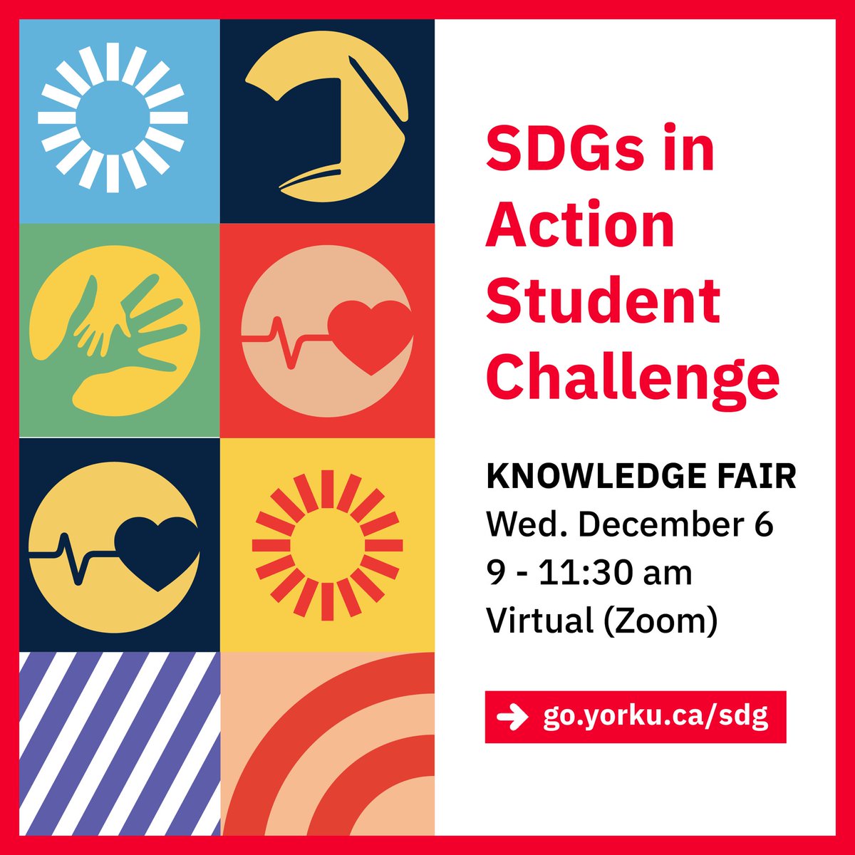 TOMORROW! Join the conversation and learn about the SDGs action projects of our student groups. 🌎

➡️ go.yorku.ca/sdg

York’s Go Global SDGs in Action Student Challenge aims to empower students around the world to take action towards the achievement of UN SDGs.