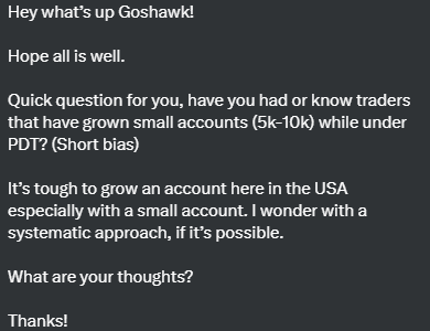GoshawkTrades's tweet image. Small trading account: hindrance or the best way to be profitable?

I've talked to a good amount of traders who turned,

A couple thousand into 6 figures &amp;amp; some even to 7 &amp;amp; 8 figures.

But many don't make it.

So, here's my game plan if I started with a small account again: