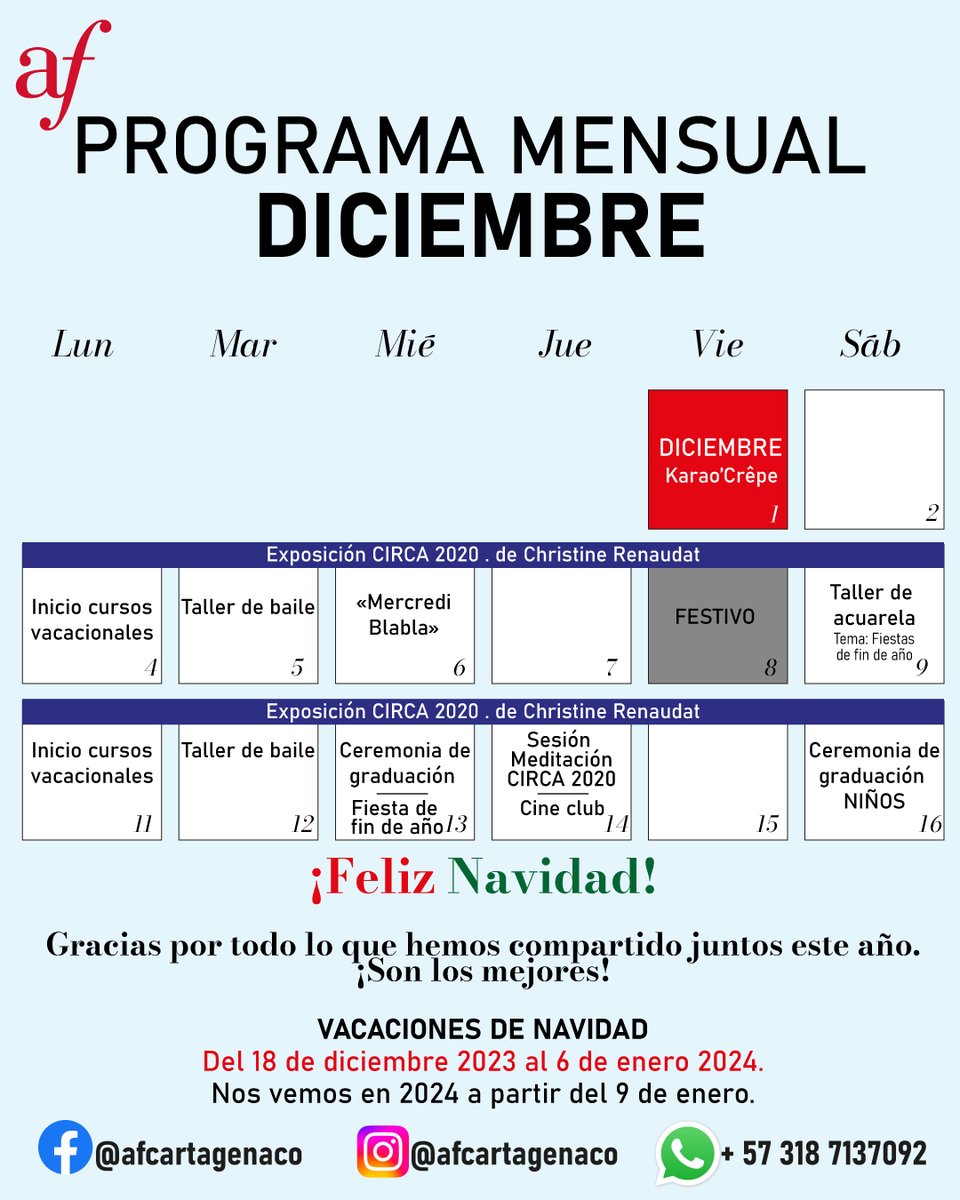 📌 Agenda cultural y pedagógico del mes de #diciembre 2023 🎄⚡
¡No te lo pierdas! 🎨🖌 Nos vemos esta noche para nuestro último Karao'Crêpe del año edición Navidad ✅🎅

¡Feliz Navidad! 🎄🎅🥳
Gracias por todo lo que hemos compartido juntos este año. ¡Son los mejores!
#cartagena