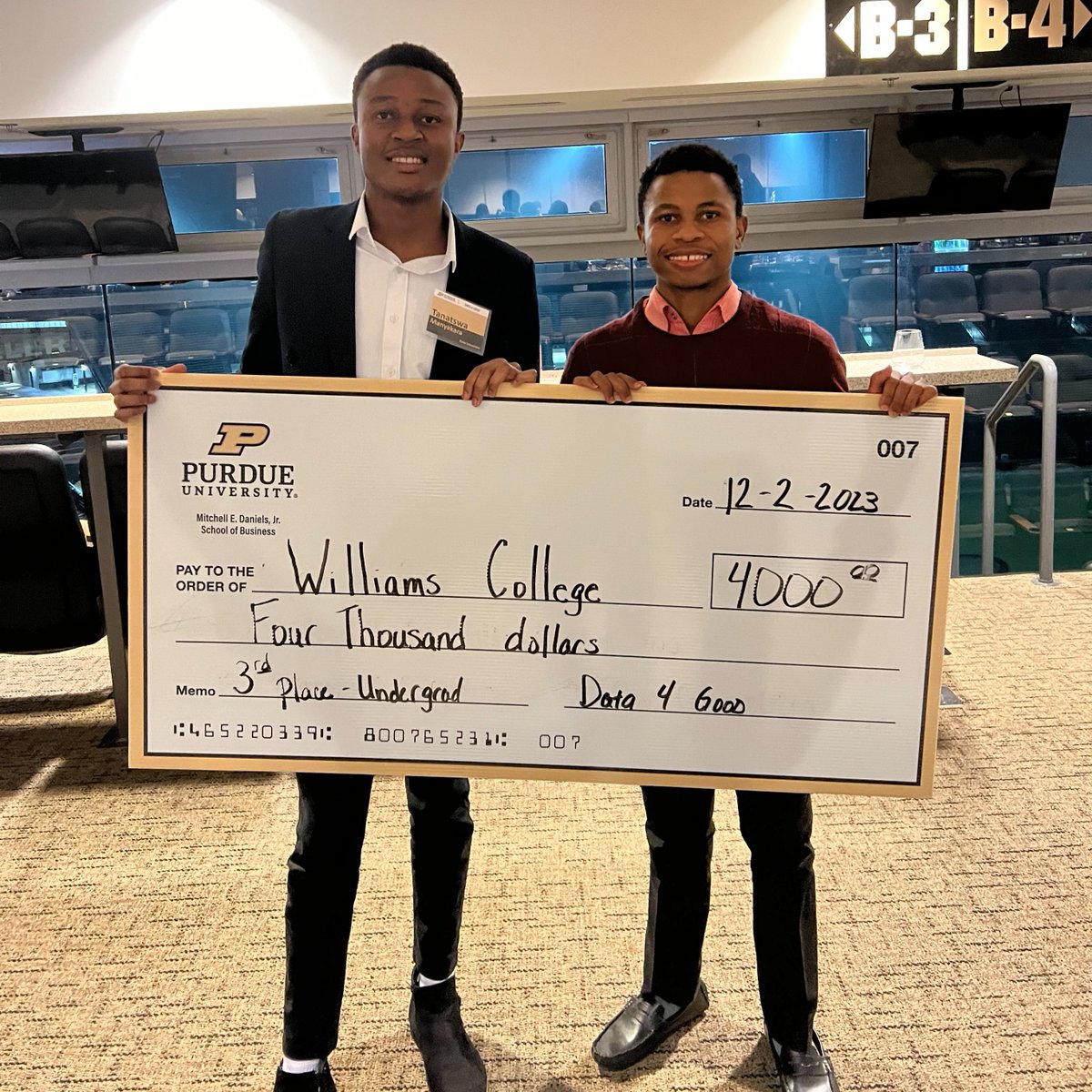 WilliamsCollege's tweet photo. Milton Vento '26, Tanatswa Manyakara '26 and Lee Mabhena '25 recently won regionals and placed 3rd out of 72 undergraduate finalist teams in the 2nd annual Data 4 Good Case Competition at @LifeAtPurdue! #PurdueData4Good @PurdueBizGrad [1/2] https://t.co/nRPHxa9Roj