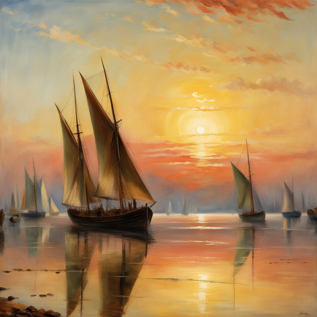 Feel free to use this #RoyaltyFree #artwork for anything.

Sailboats bask in the golden hour's glow, a serene painting where the sea mirrors the sky in a perfect symphony of light.

#SailingArt #SunsetSerenity #MarinePainting
