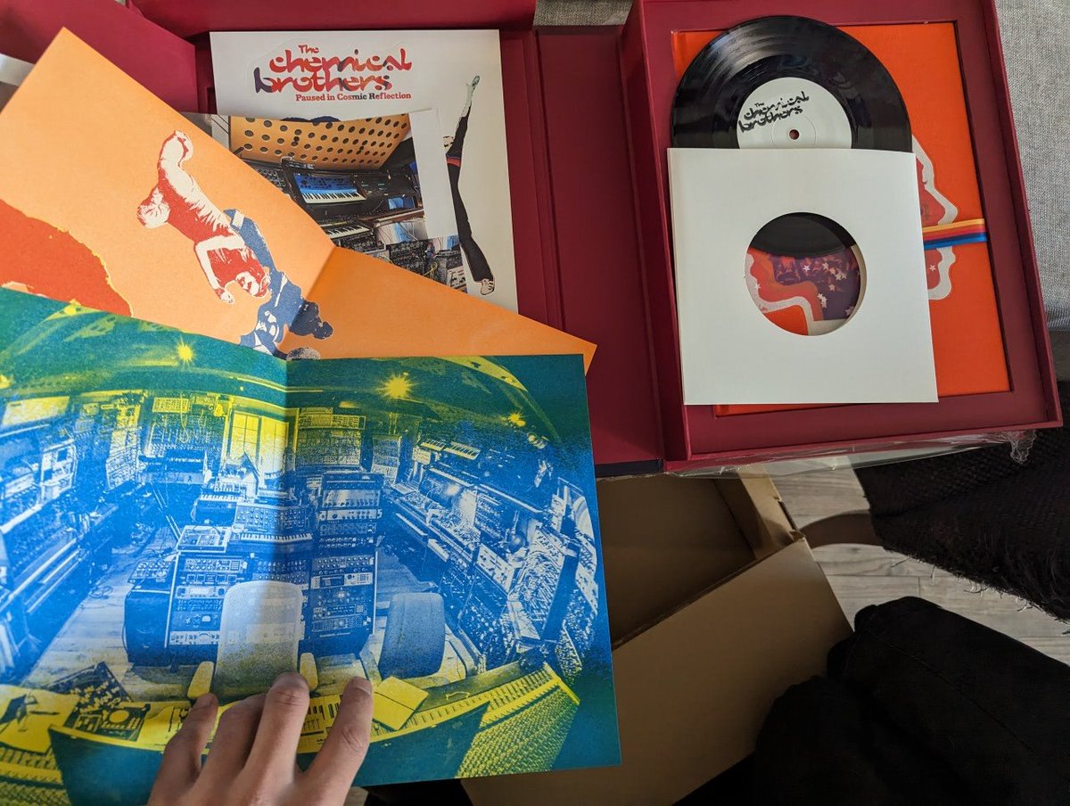 TransRapid's tweet image. The extra bits that came in this edition of @ChemBros #PausedInCosmicReflection were definitely worth it. The box also really makes this section of my shelf.