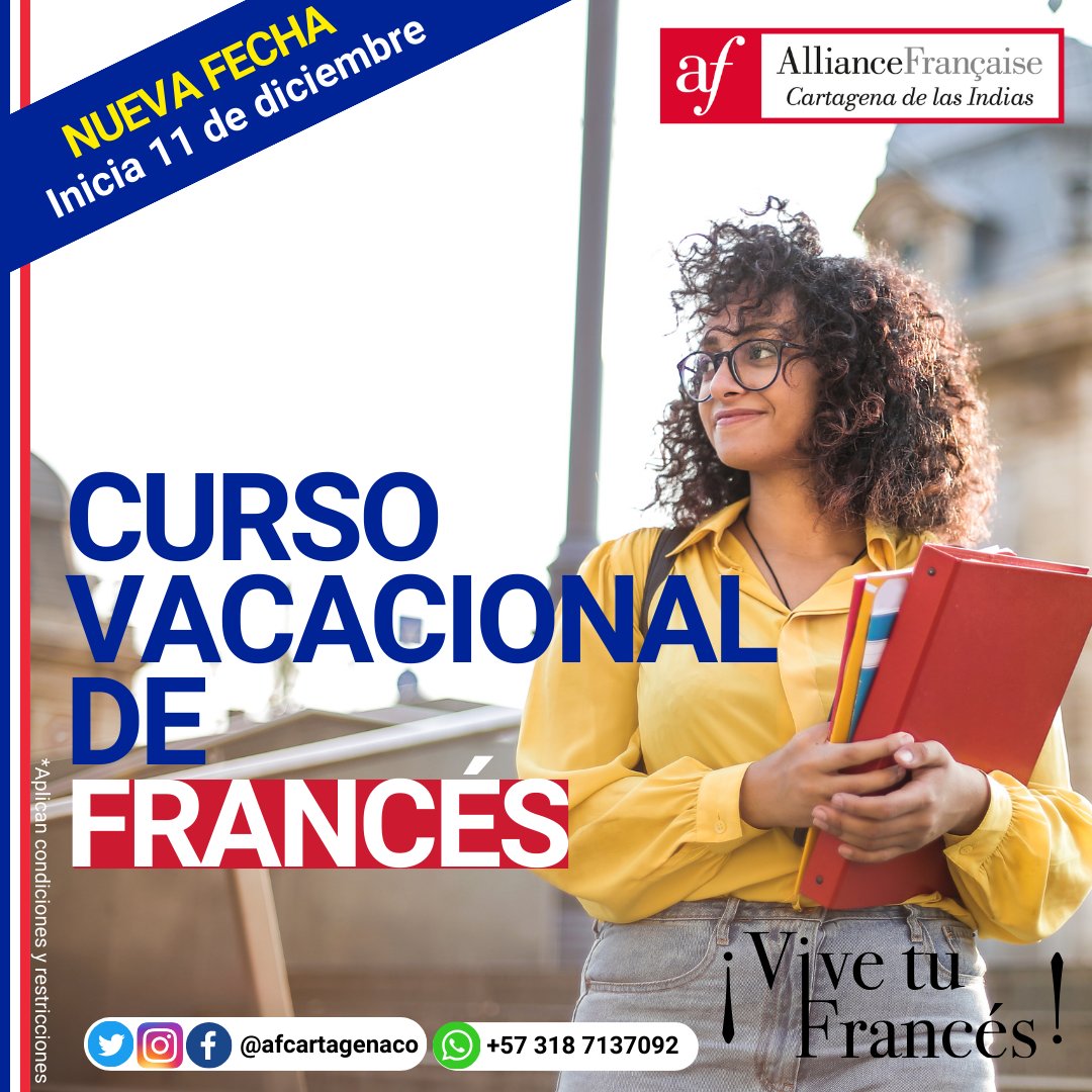 🇫🇷 𝐴𝑝𝑟𝑒𝑛𝑑𝑒 𝑓𝑟𝑎𝑛𝑐𝑒́𝑠 𝑐𝑜𝑛 𝑛𝑜𝑠𝑜𝑡𝑟𝑜𝑠 𝘥𝘶𝘳𝘢𝘯𝘵𝘦 𝘵𝘶𝘴 𝘷𝘢𝘤𝘢𝘤𝘪𝘰𝘯𝘦𝘴
📣 𝗡𝗨𝗘𝗩𝗔 𝗙𝗘𝗖𝗛𝗔 𝗗𝗘 𝗜𝗡𝗜𝗖𝗜𝗢 : 11 DE DICIEMBRE 📣
Del 11 al 22 de diciembre - 2 semanas
WSP 57 318 7137092 o consúltanos por DM.

#cursos #cursosdefrances #frances