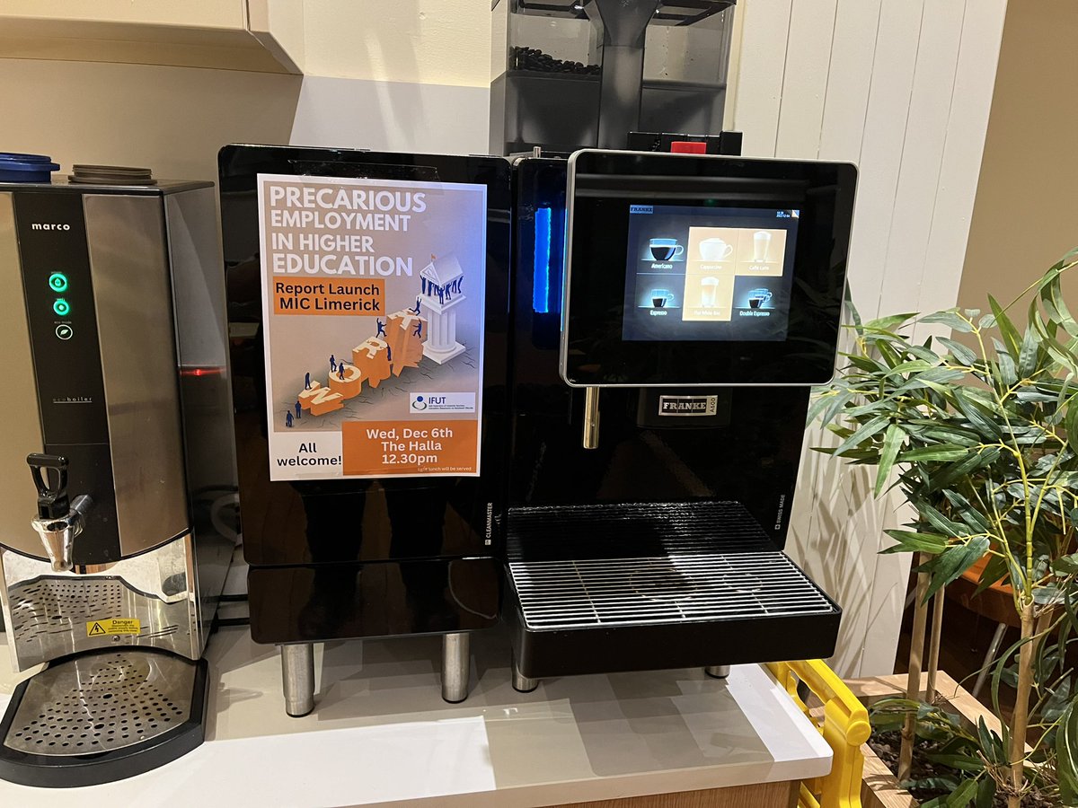 ifut_MIC's tweet photo. .@MICLimerick coffee machine providing the perfect analogy for tomorrow’s Report on Precarious Employment in Higher Education - quality coffee (like working in Higher Ed) is an enticing concept, but often not as appealing in reality on the ‘ground’ (pun totally intended) 😜 https://t.co/p5HvBQspQc