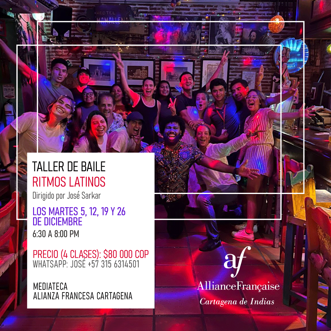 💃 ¡ESTA NOCHE tendremos un taller de baile ritmos latinos con el coreógrafo <a href="/josesarkar/">joty joke</a> ! ❤️
💃En diciembre las clases serán el 5, 12, 19 y 26.
🕡 6:30 p.m. – 8:00 p.m.
 $80.000 pesos el mes
📞José Sarkar +57 315 6314501
📍 Alianza Francesa de Cartagena.

#tallerdebaile #salsa