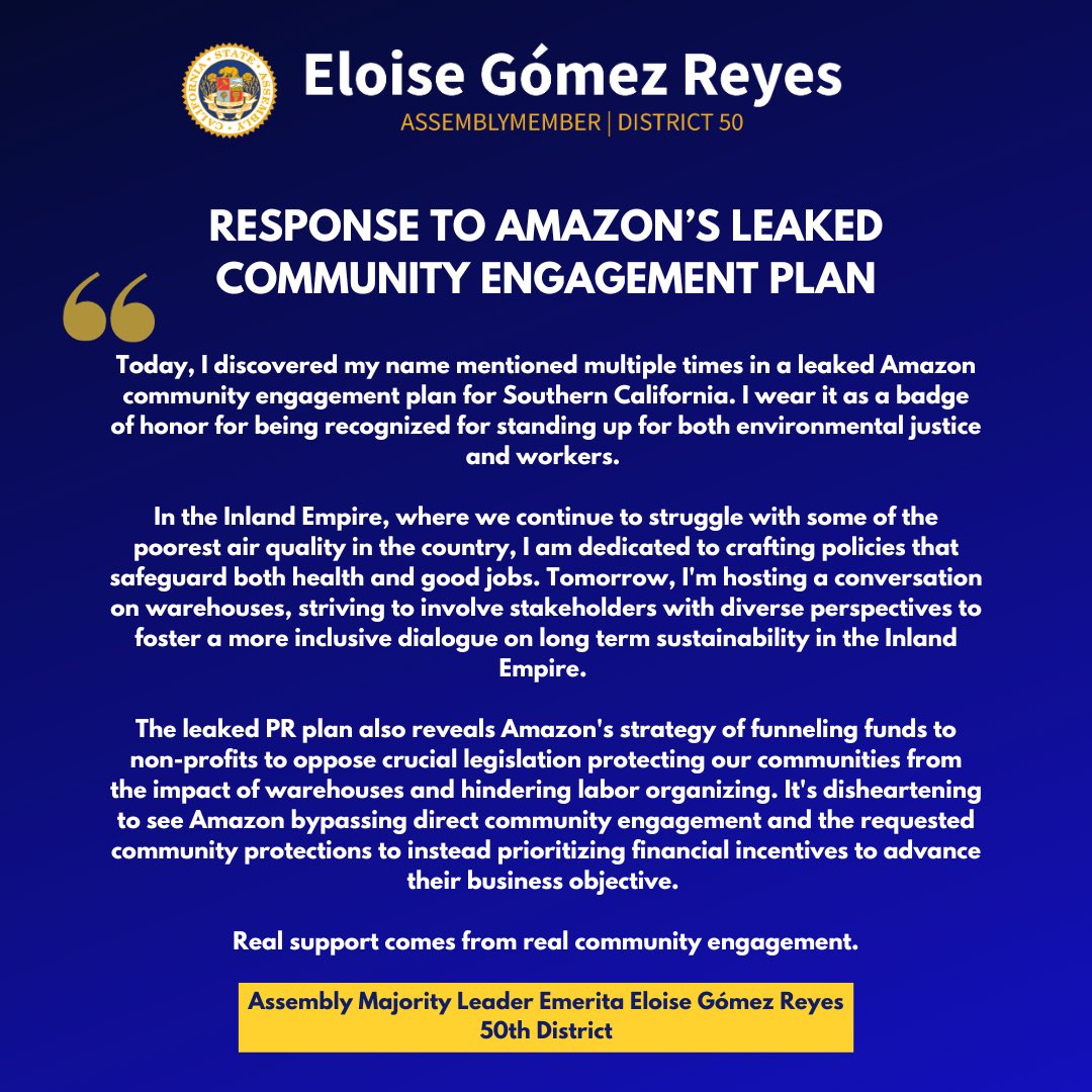 A leaked memo from Amazon regarding their community engagement plan for Southern California mentioned me a couple of times, in a not so positive light. I am proud to be called out for my work.  

Read my full statement below ⬇️ 

a50.asmdc.org/press-releases…